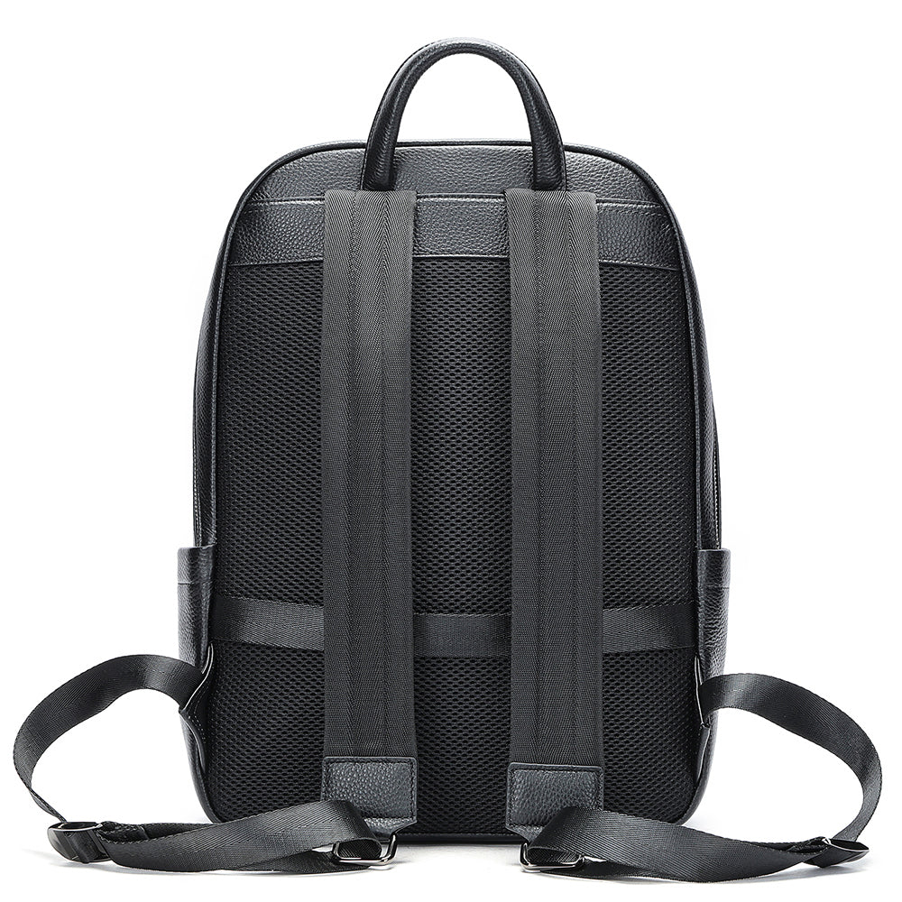 Velavio Minimal black leather backpack back panel with padded straps and trolley sleeve