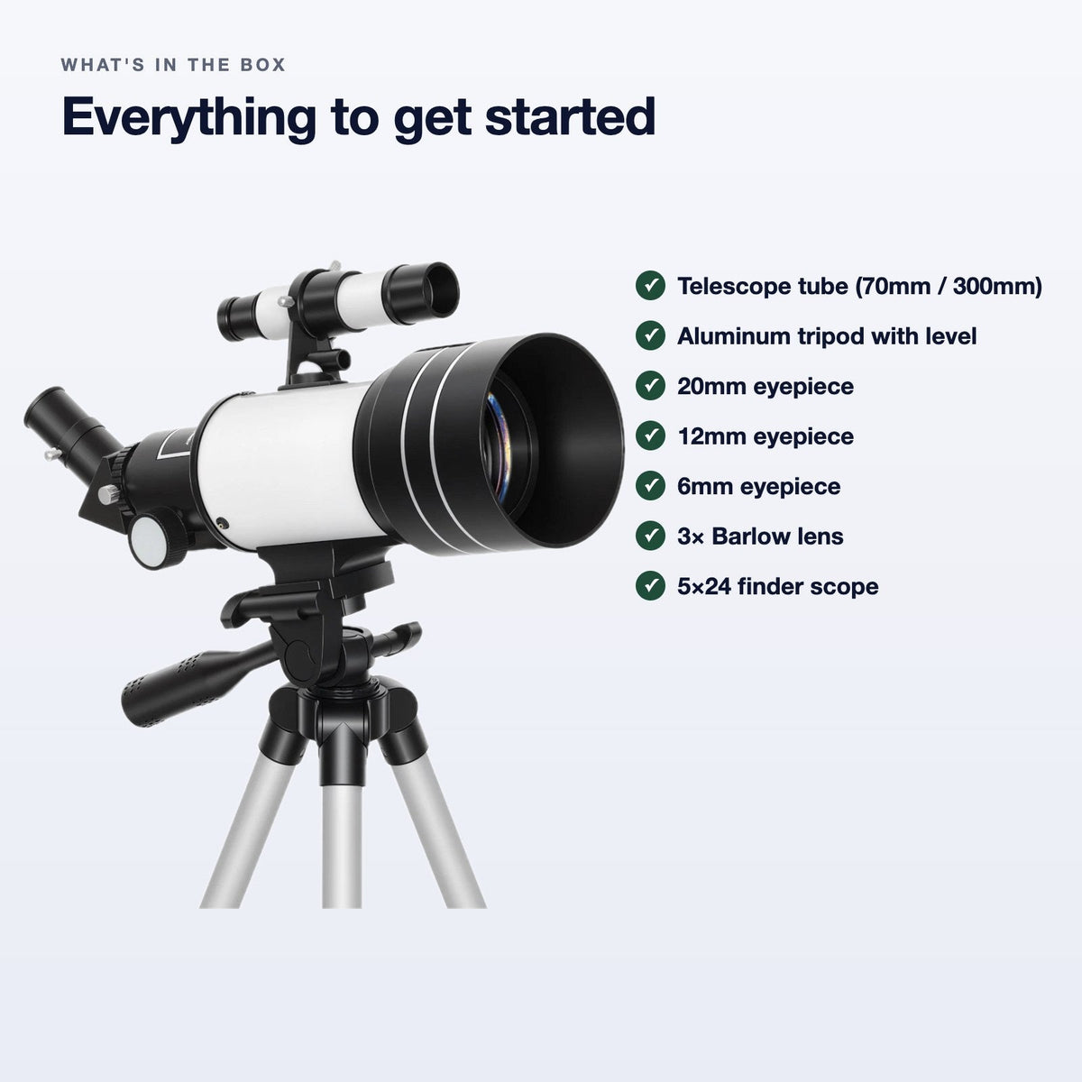What's in the box: telescope tube, tripod with level, 20mm, 12mm and 6mm eyepieces, 3x Barlow lens, 5x24 finder scope