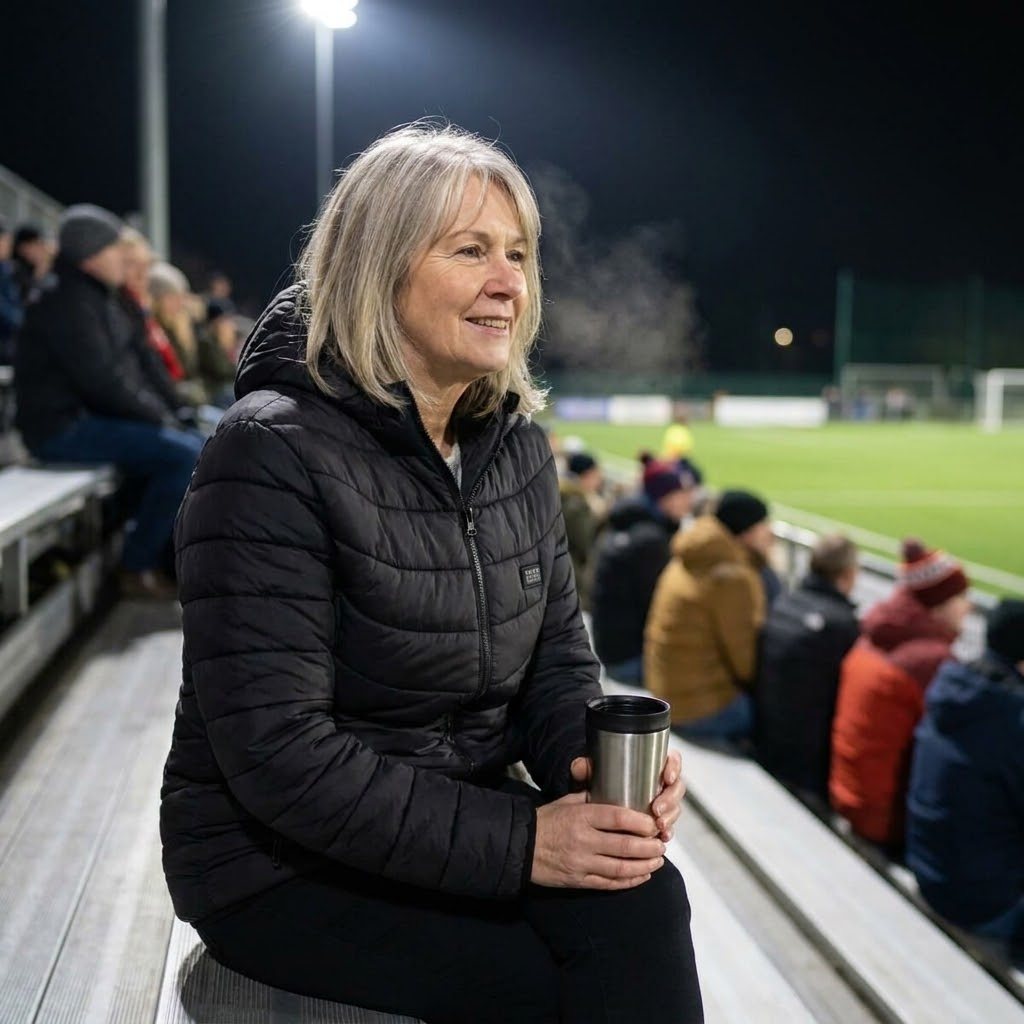 Woman staying warm on the stands at a night game in the heated jacket
