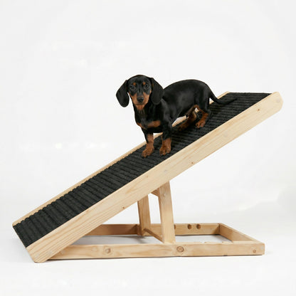 Dachshund standing on a natural wood dog ramp with gray anti-slip carpet