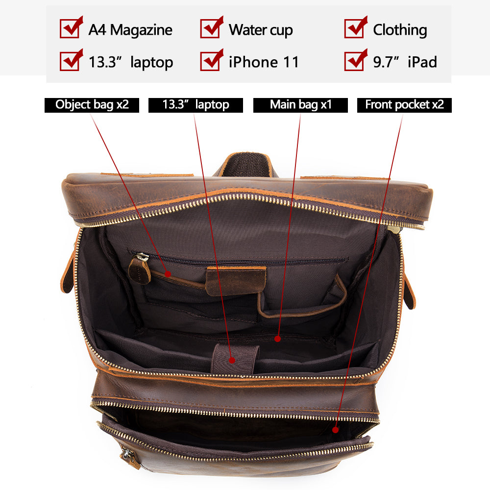 Velavio Vintage leather backpack open, showing what fits: laptop, magazine, phone and water bottle
