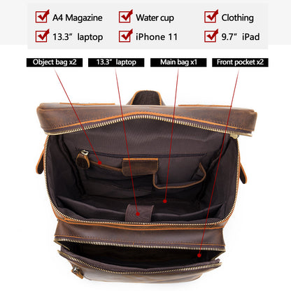 Velavio Vintage leather backpack open, showing what fits: laptop, magazine, phone and water bottle