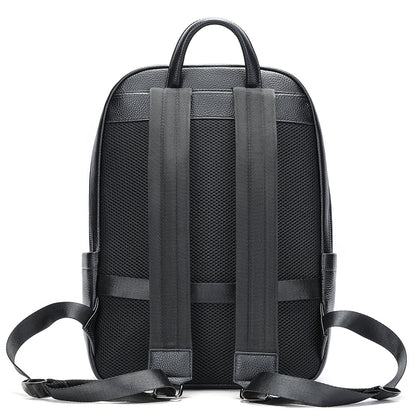 Velavio Minimal black leather backpack back panel with padded straps and trolley sleeve