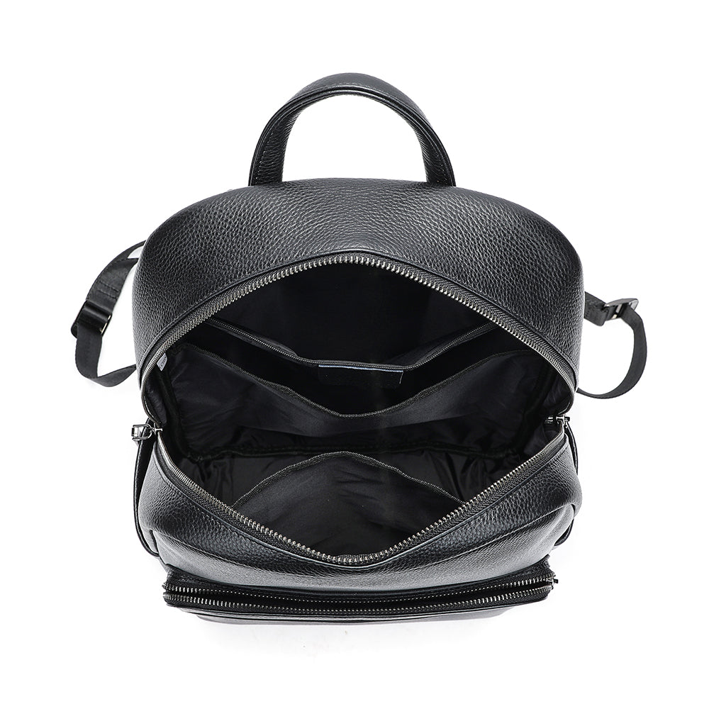 Velavio Minimal black leather backpack open, showing interior compartments