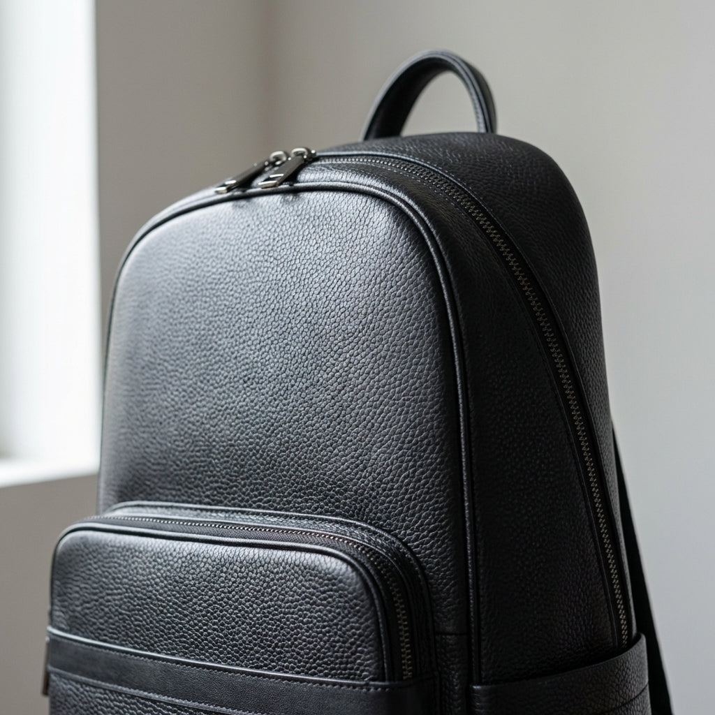 Velavio Minimal black leather backpack, three-quarter view