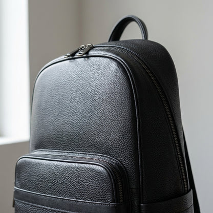Velavio Minimal black leather backpack, three-quarter view