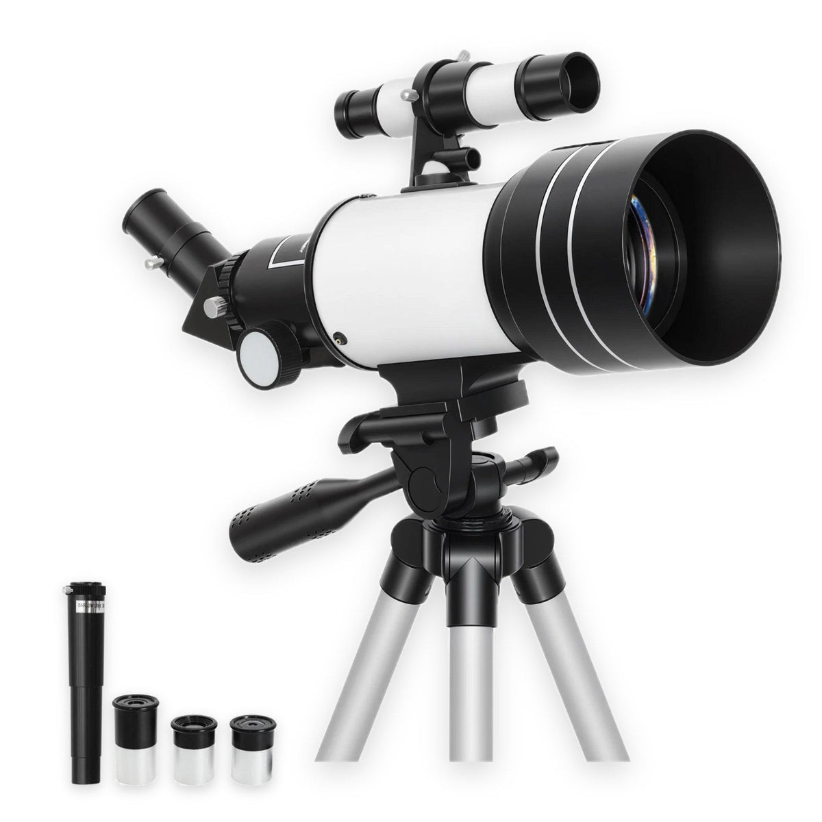 70mm refractor telescope on aluminum tripod with 3x Barlow lens and 20mm, 12mm and 6mm eyepieces