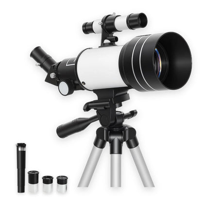 70mm refractor telescope on aluminum tripod with 3x Barlow lens and 20mm, 12mm and 6mm eyepieces
