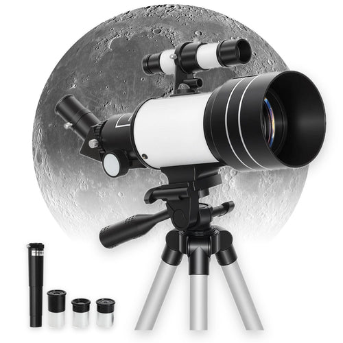 70mm refractor telescope with Barlow lens and three eyepieces in front of the Moon