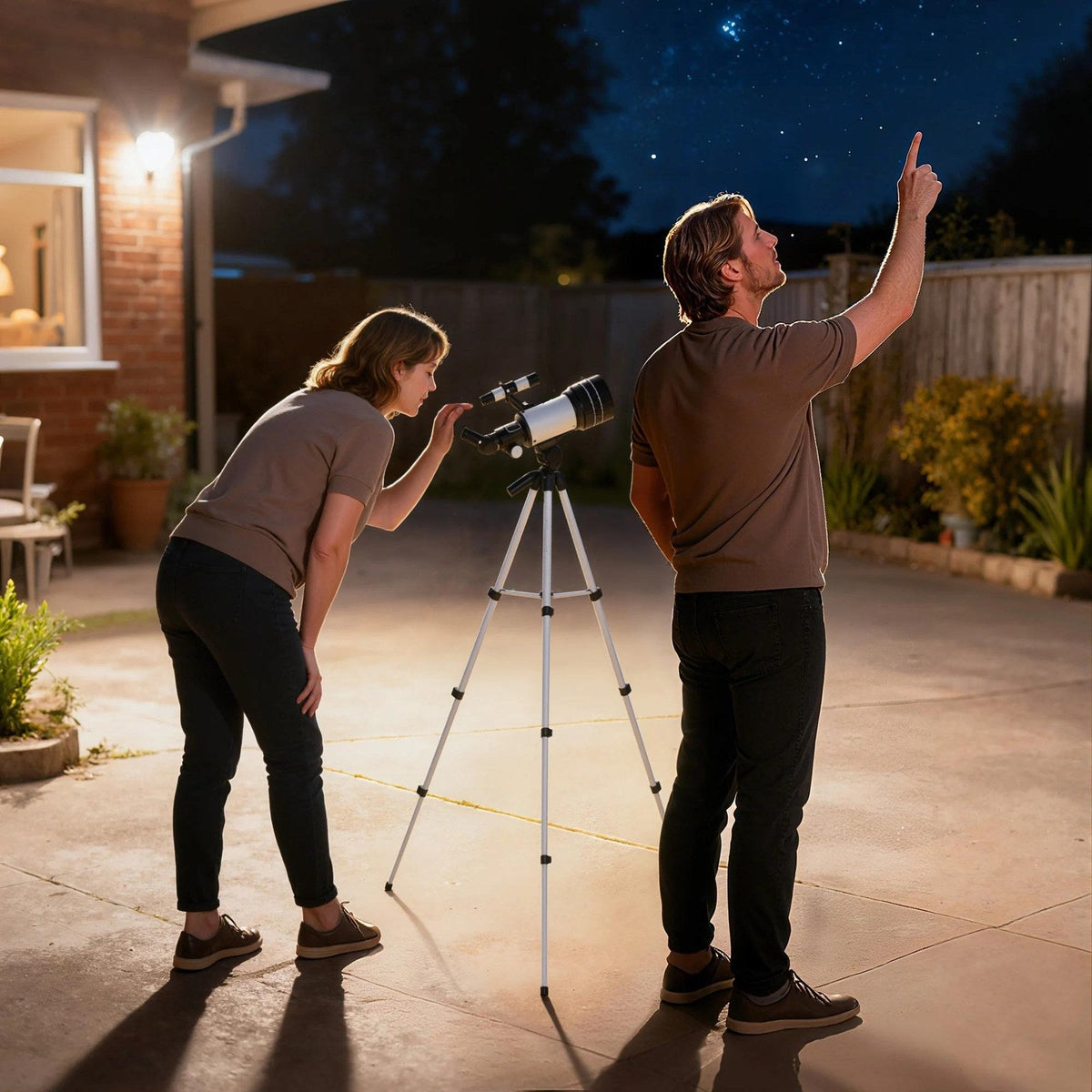 Couple using the telescope on a patio at night