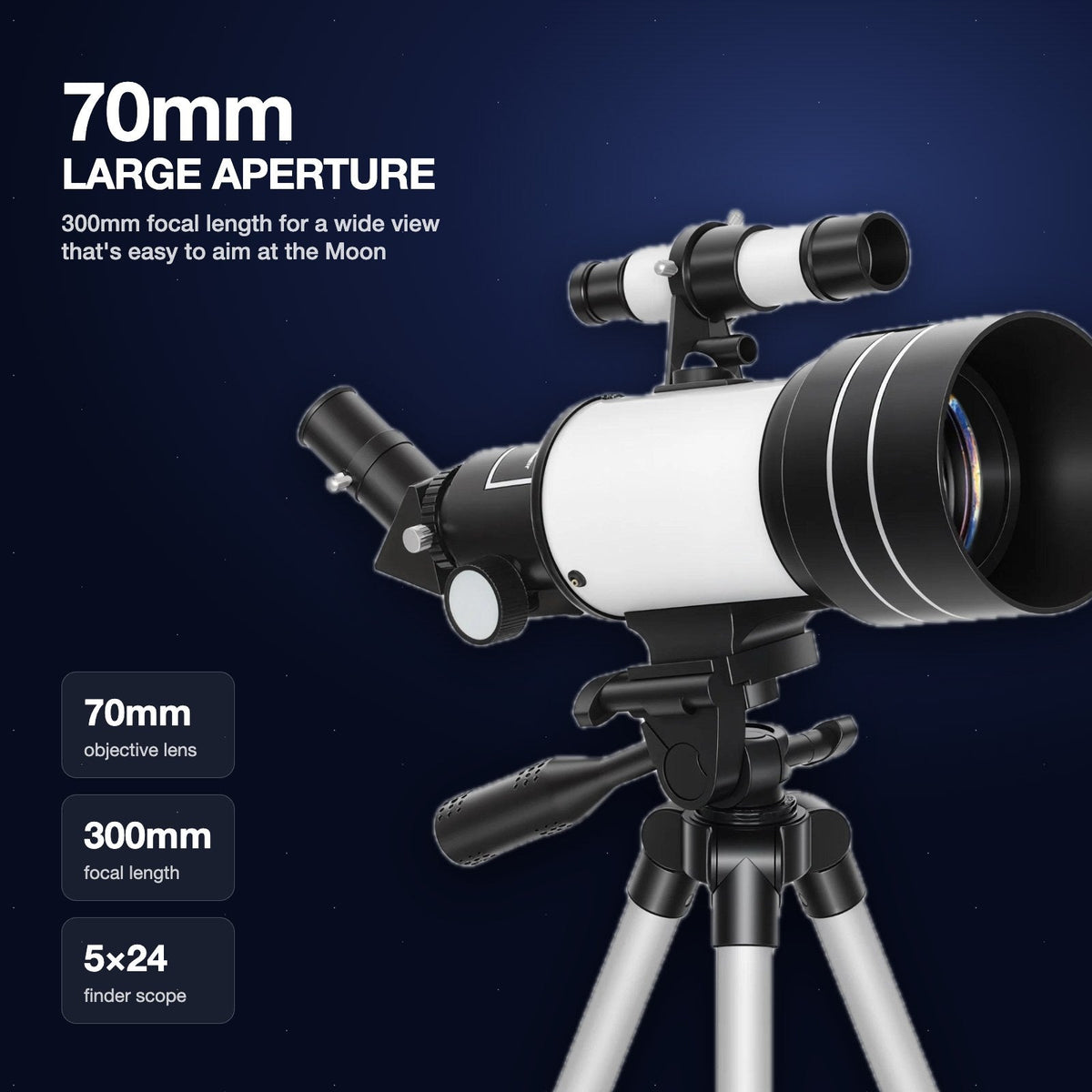 70mm aperture, 300mm focal length, 5x24 finder scope