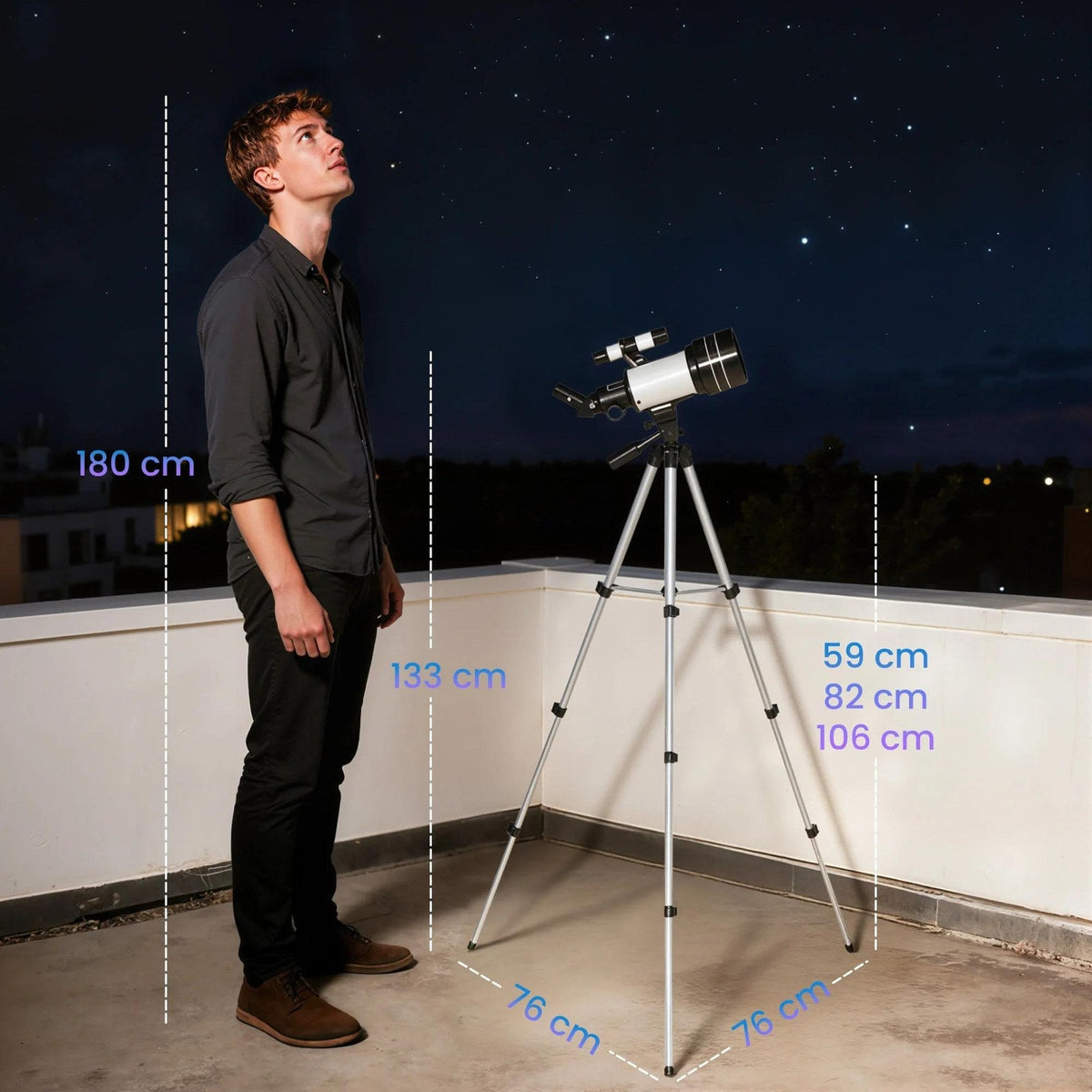Telescope height compared to an adult, adjustable tripod