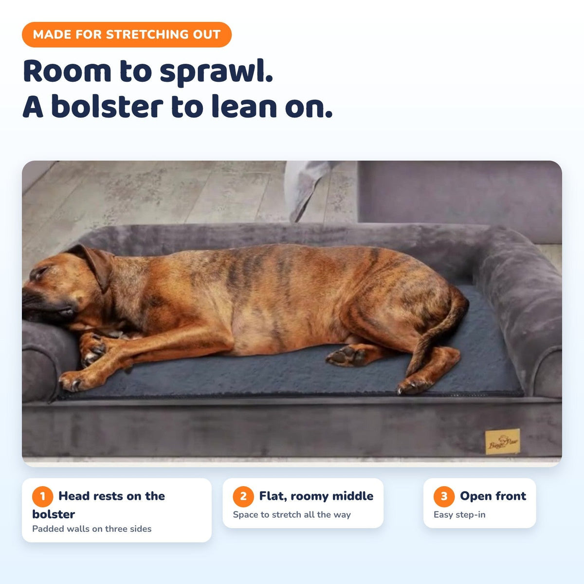 Large dog resting on the dog bed with its head on the bolster