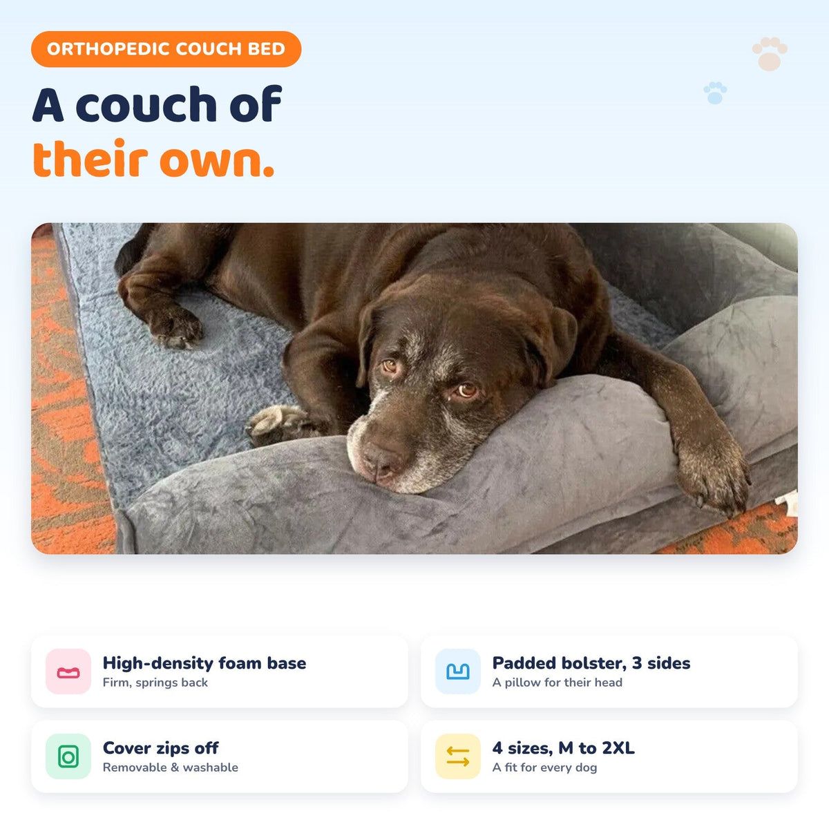 Orthopedic dog couch bed: foam base, 3-sided bolster, zip-off washable cover, 4 sizes M to 2XL
