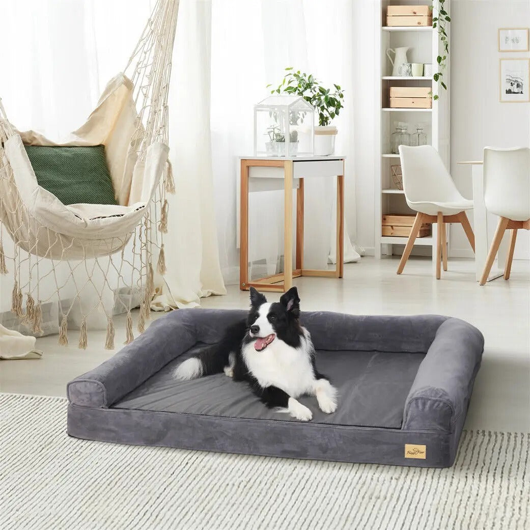 Orthopedic dog couch bed in gray with a dog lying on it