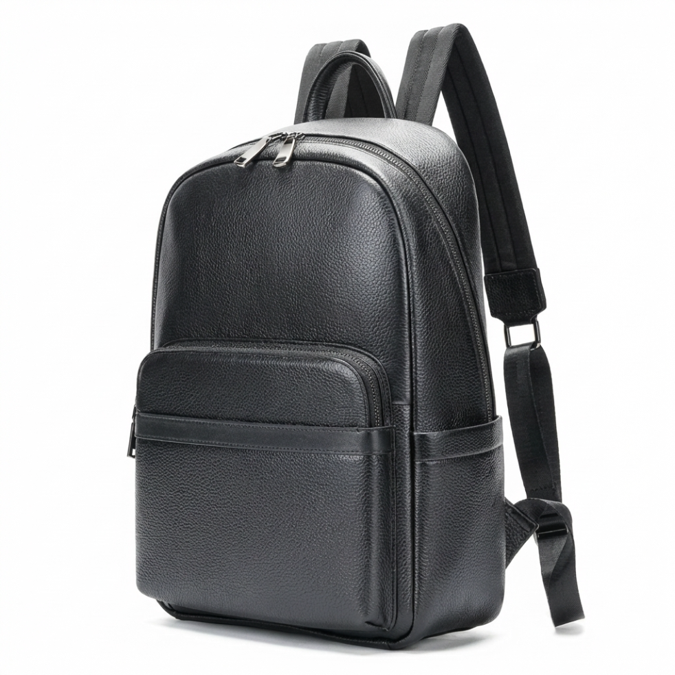 Velavio Minimal black cowhide leather laptop backpack, front view on white background
