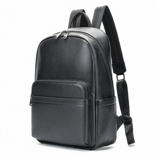 Velavio Minimal black cowhide leather laptop backpack, front view on white background