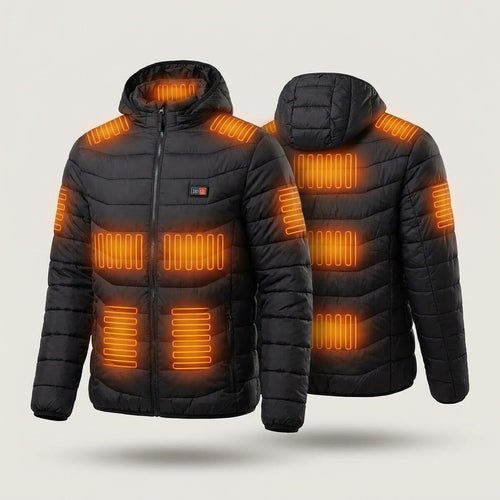 Black heated puffer jacket, front and back, with 29 heat zones glowing