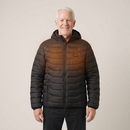 Man wearing the black heated puffer jacket, front view