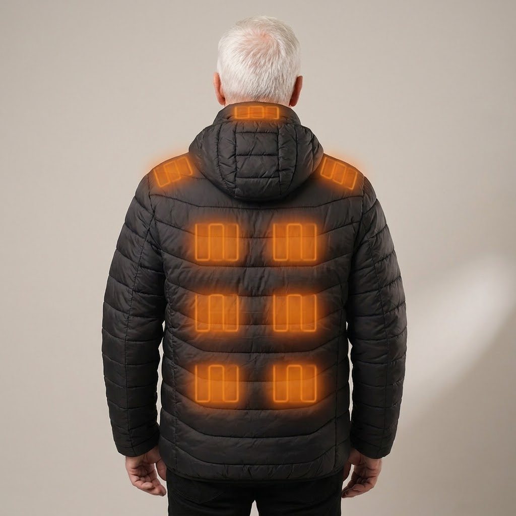 Back of the heated jacket with heat zones glowing
