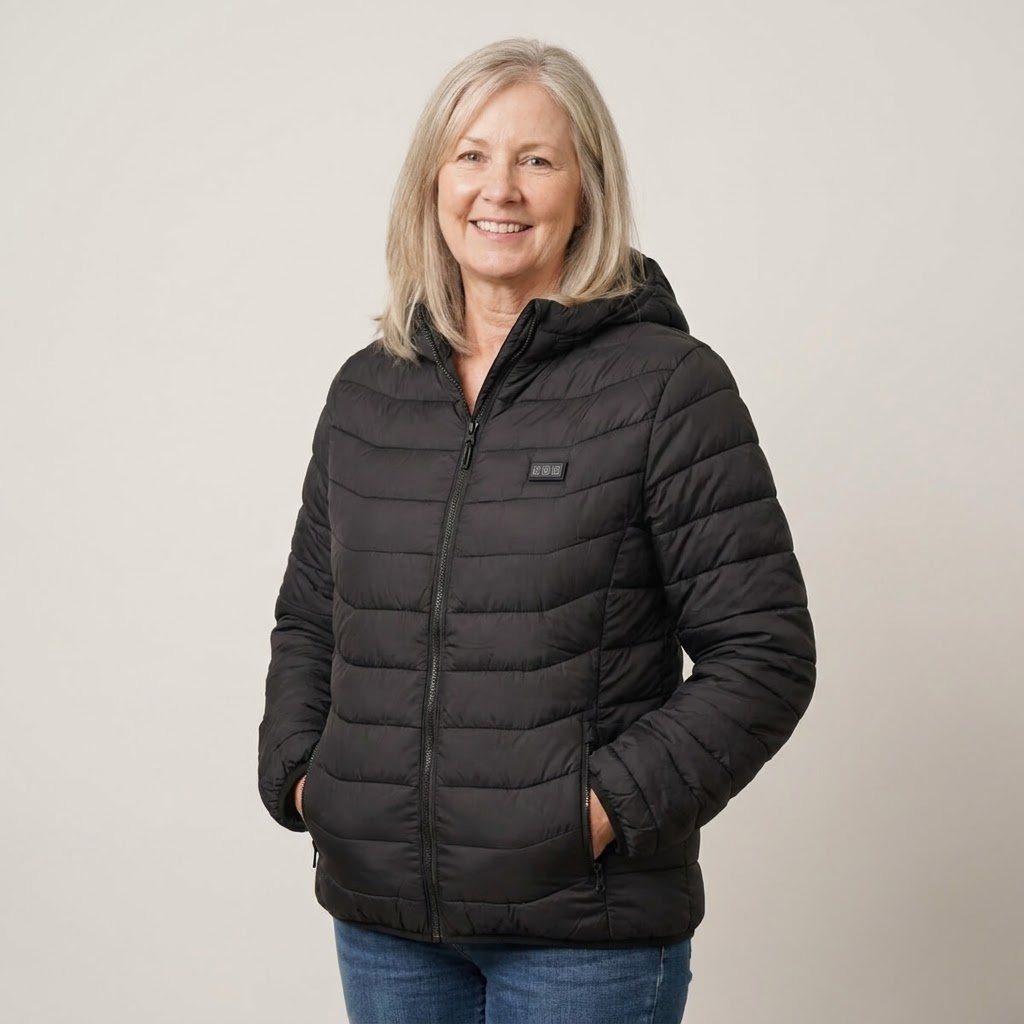 Woman wearing the black heated puffer jacket