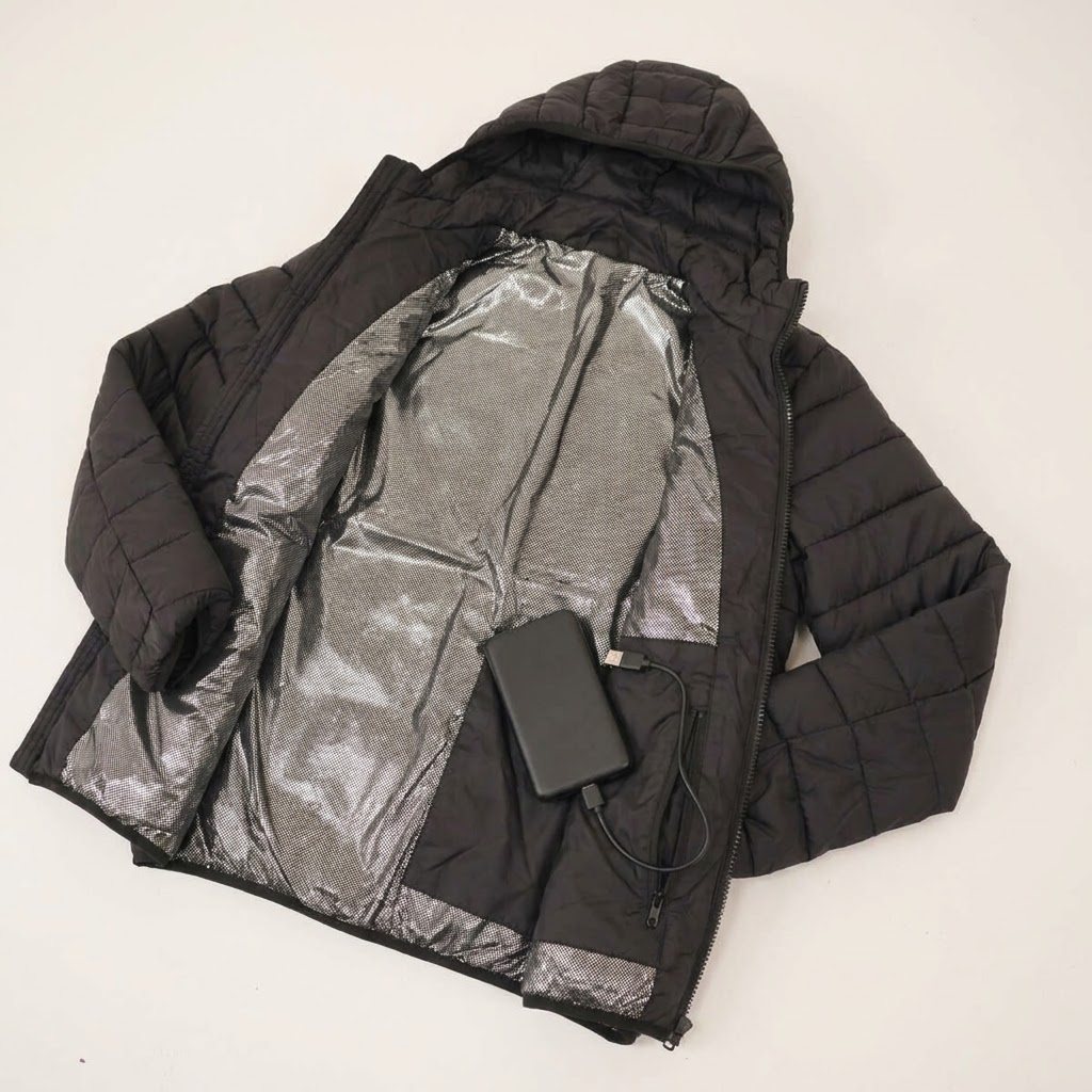 Included power bank in the jacket's inside zip pocket