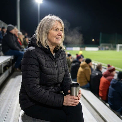 Woman staying warm on the stands at a night game in the heated jacket