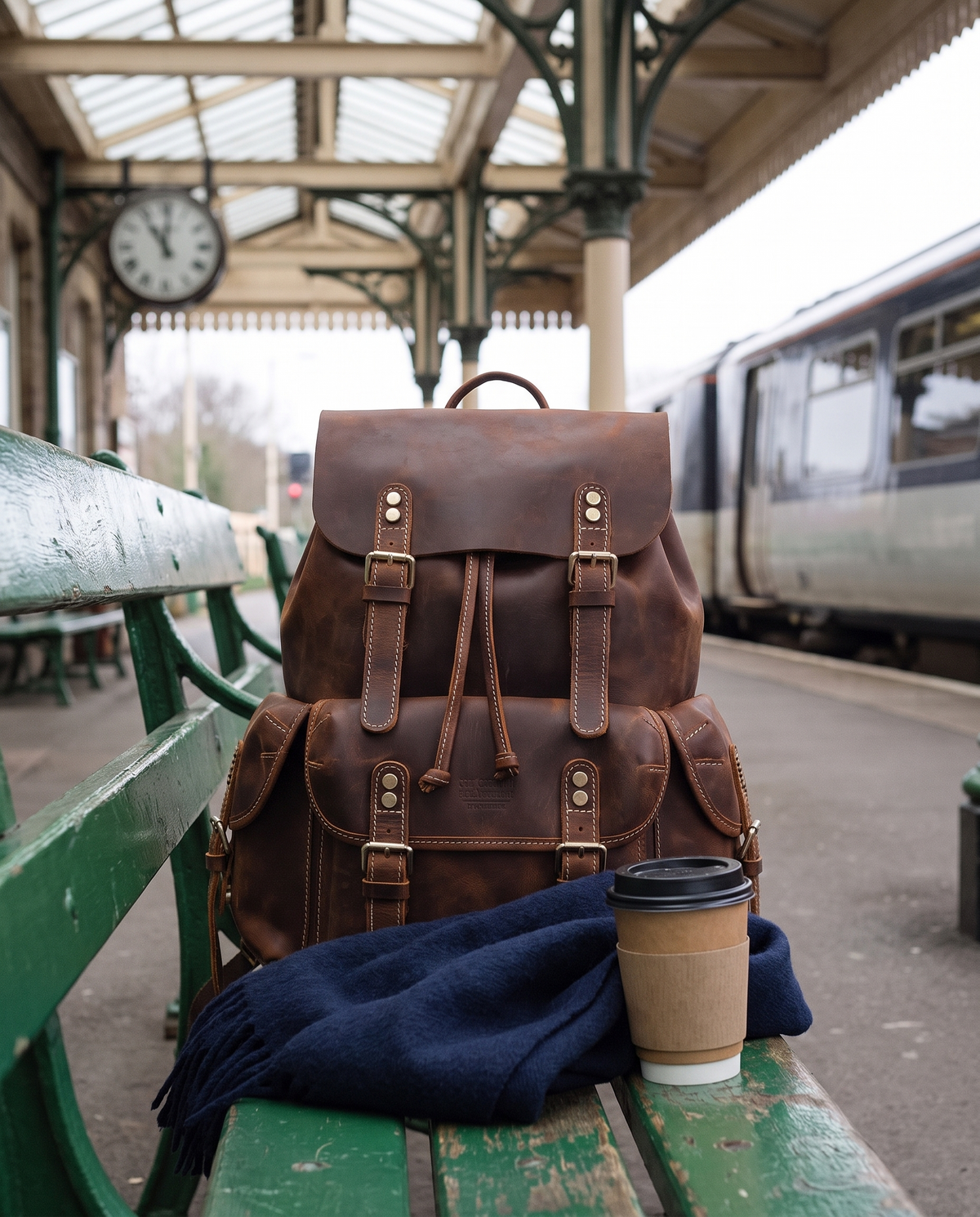 Velavio Kairo brown crazy horse leather rucksack on a railway station bench