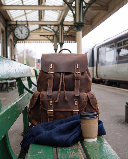 Velavio Kairo brown crazy horse leather rucksack on a railway station bench