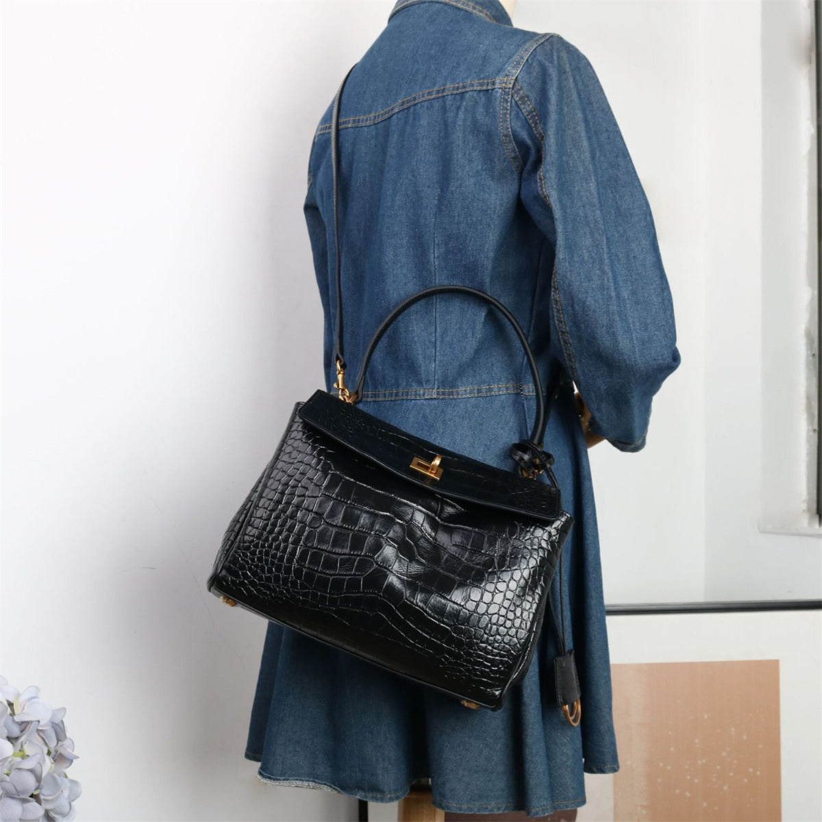 Stella croc-print bag, worn