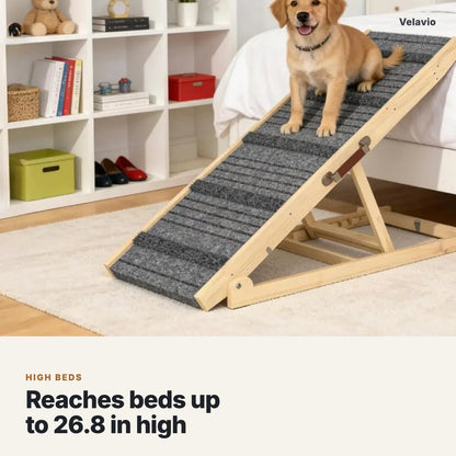 Puppy sitting on the dog ramp set against a high bed