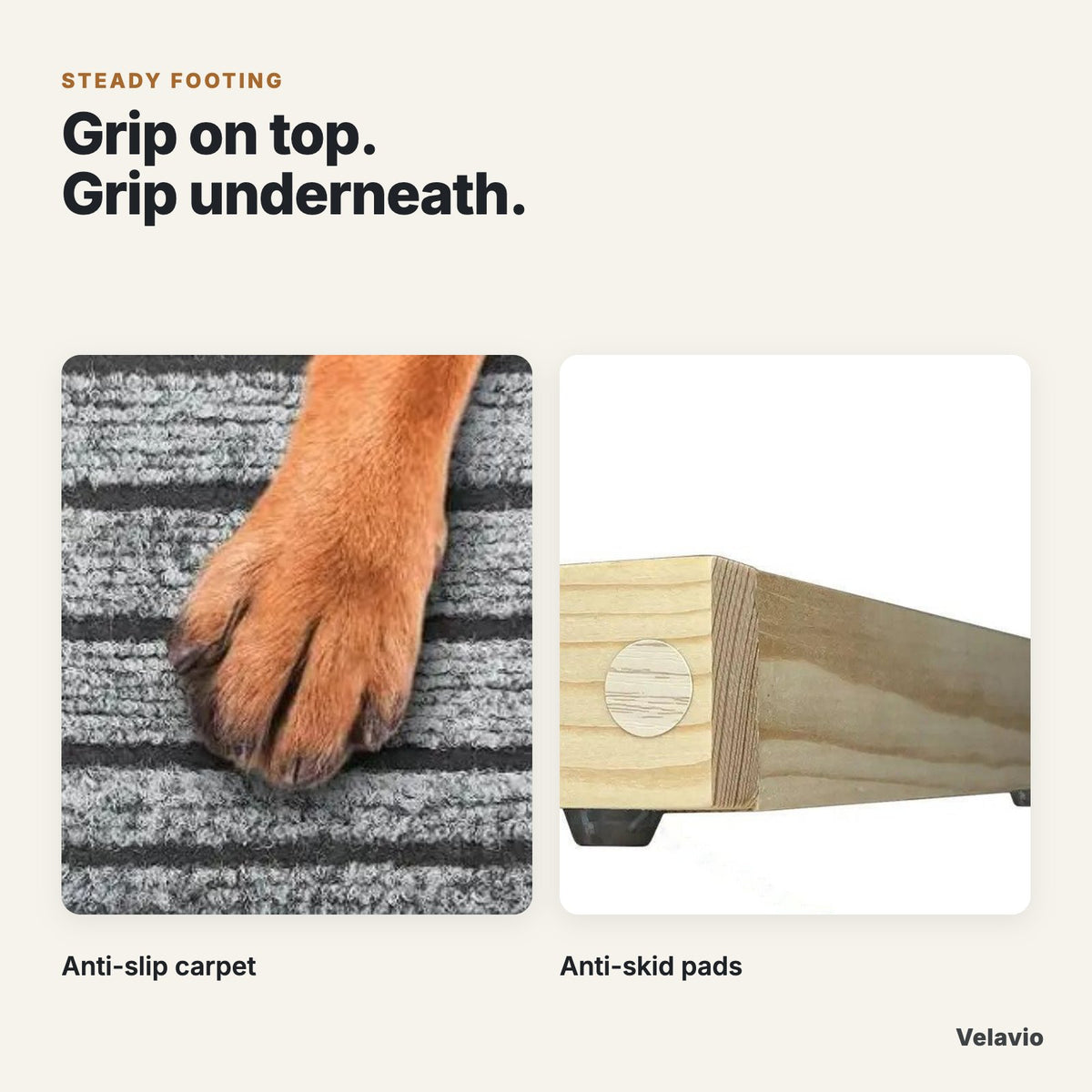 Anti-slip carpet surface and anti-skid pads under the dog ramp base