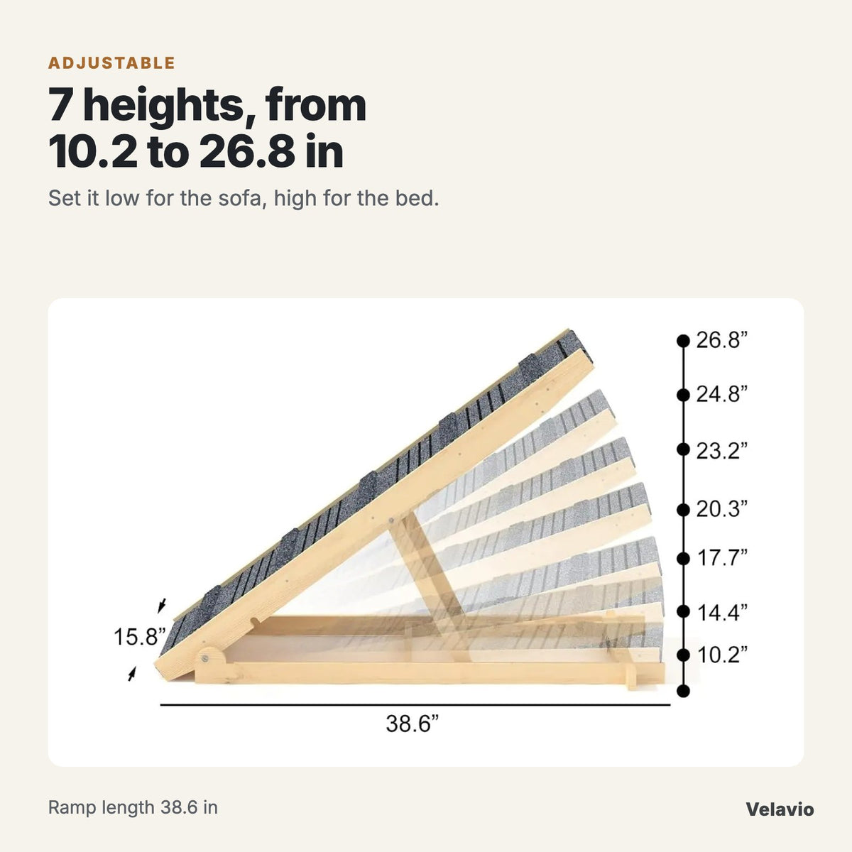 Dog ramp with 7 adjustable heights from 10.2 to 26.8 inches