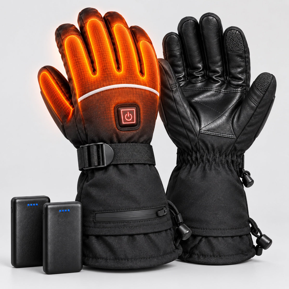 Heated gloves with glowing full-hand heating and two batteries
