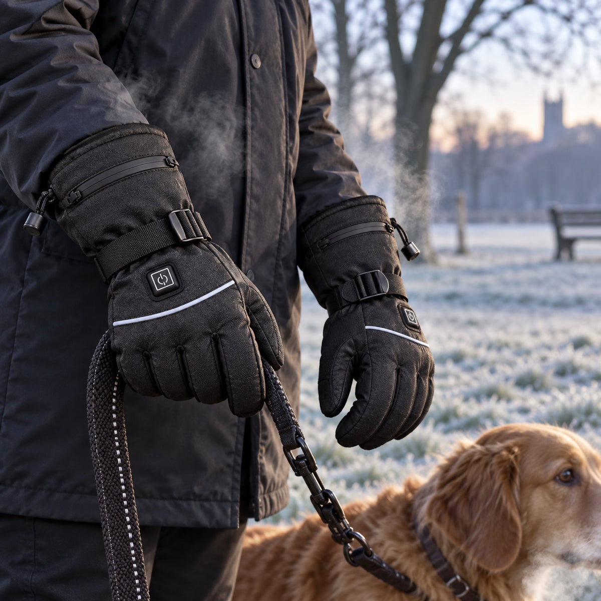 Wearing the heated gloves on a frosty dog walk