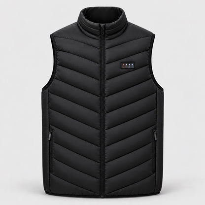 Black heated vest with 25 heating zones, front view