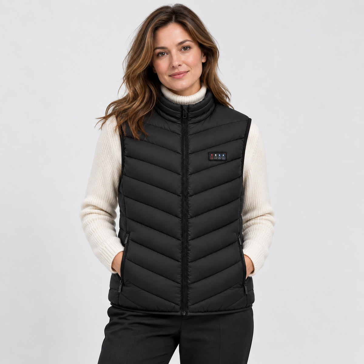 Woman wearing the unisex heated vest