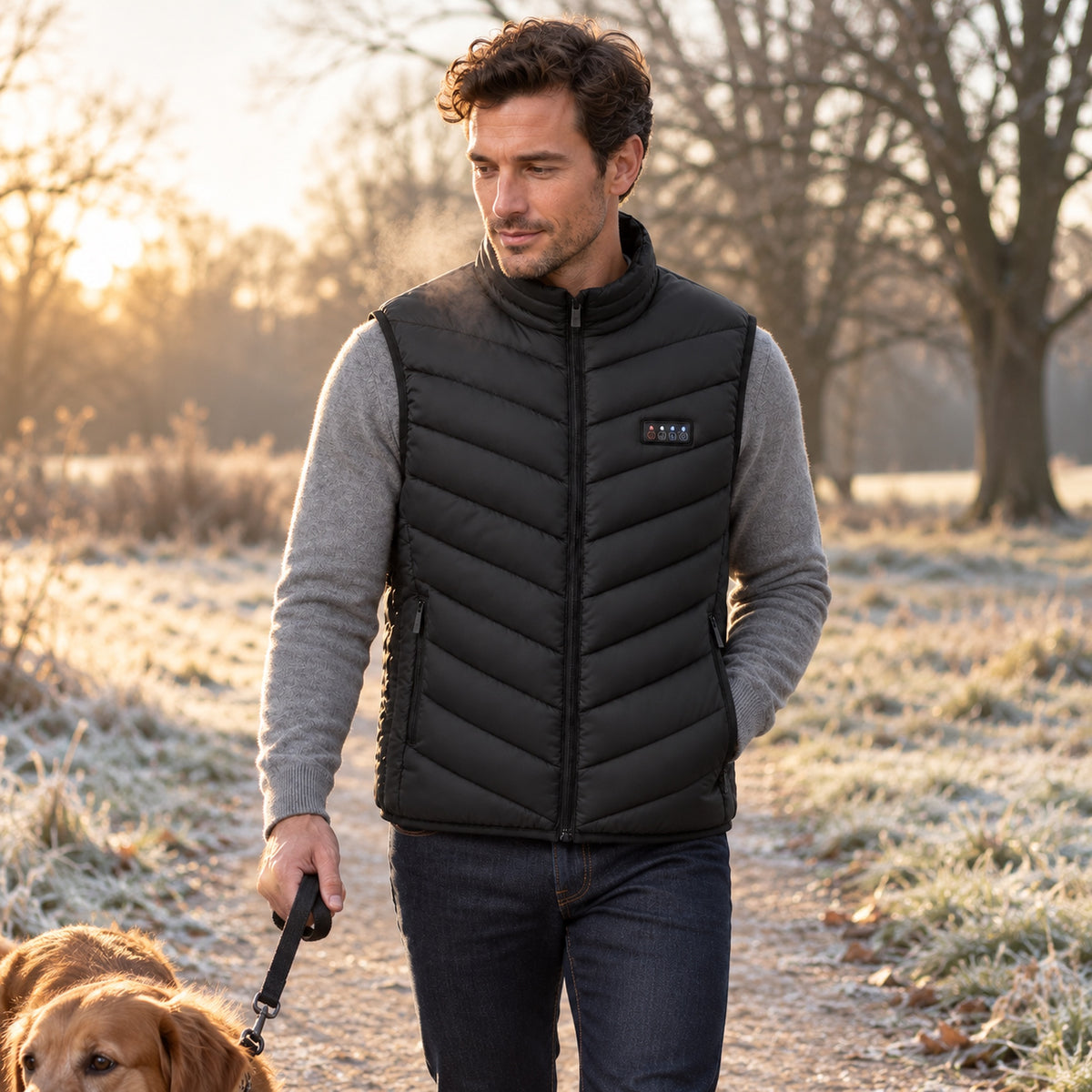 Wearing the heated vest on a frosty morning dog walk