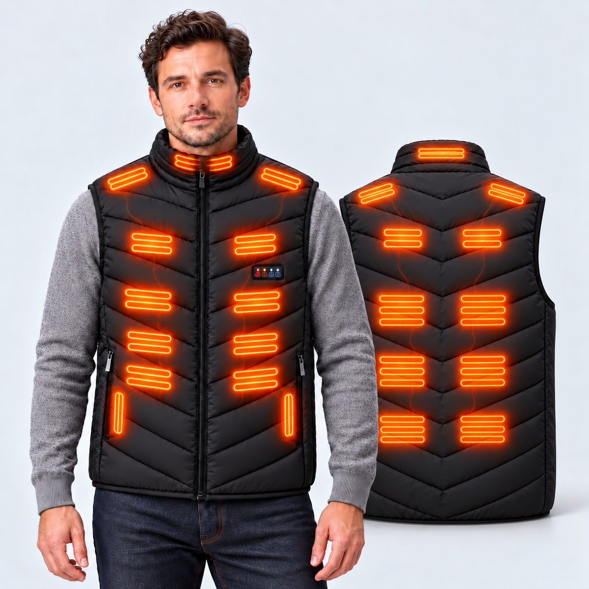 Man wearing the black heated gilet with heating zones glowing on the front, shown with the back view