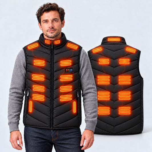 Man wearing the black heated gilet with heating zones glowing on the front, shown with the back view