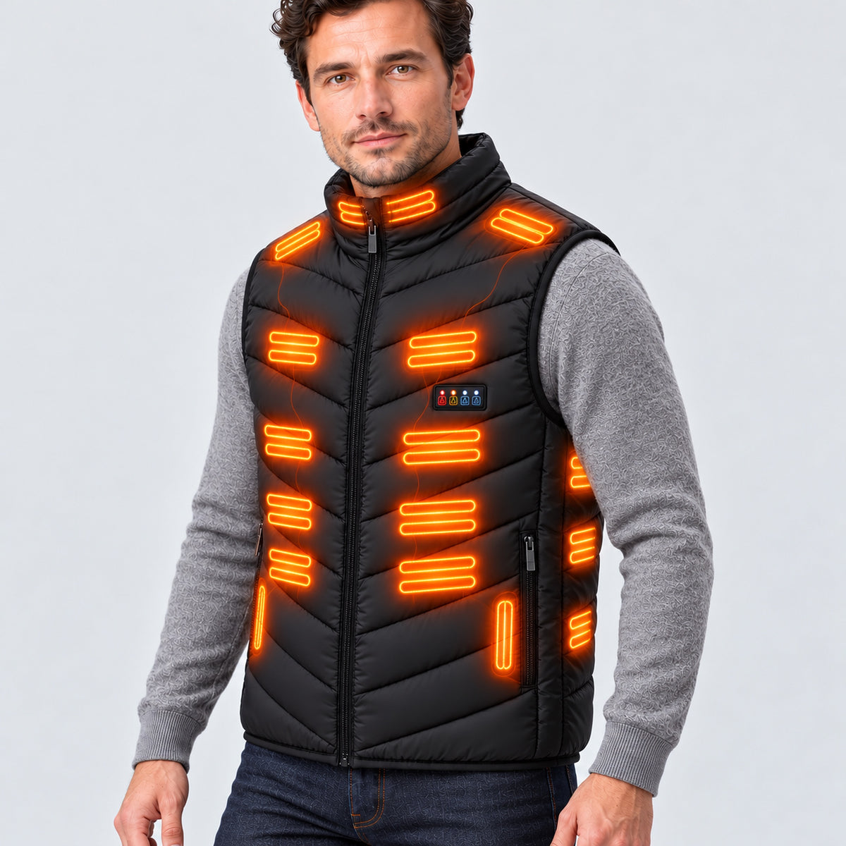 Heated gilet worn by a man, three-quarter view with heating zones glowing