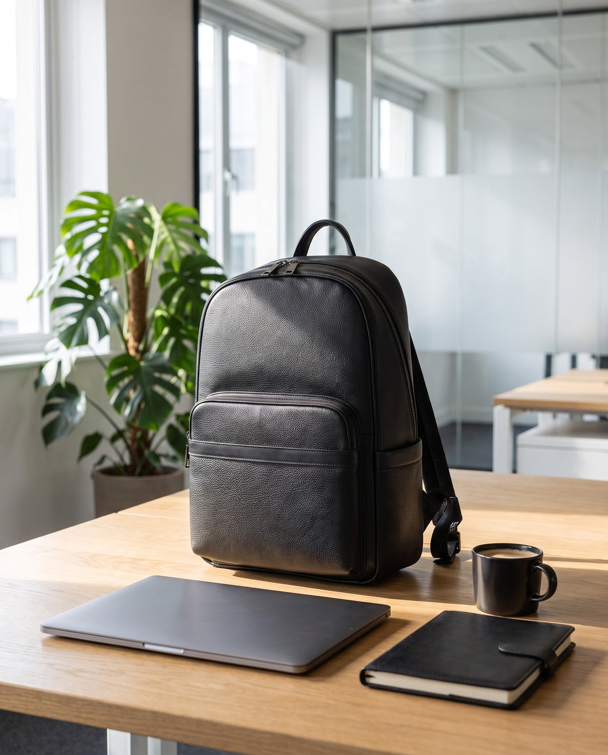 Velavio Minimal black leather work backpack on an office desk