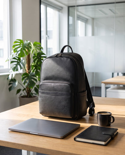 Velavio Minimal black leather work backpack on an office desk
